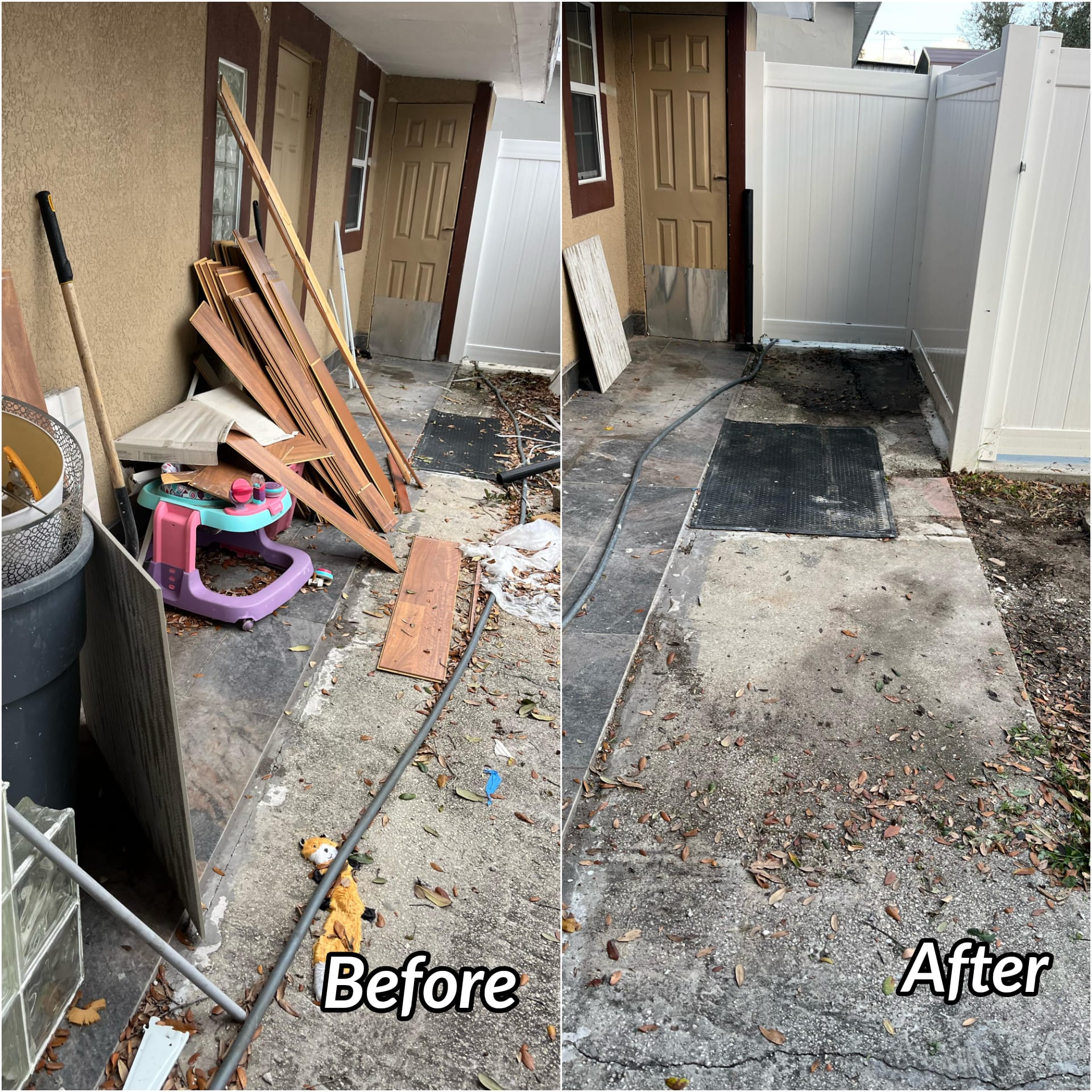 Professional 2-man team removing bulk outdoor waste and junk from a Florida home